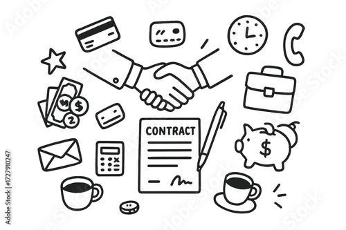 Business Deal Doodle. Hand-drawn doodle illustration business deal money on a table handshake, bills, coins, credit card, contract, pen, table, envelope, piggy