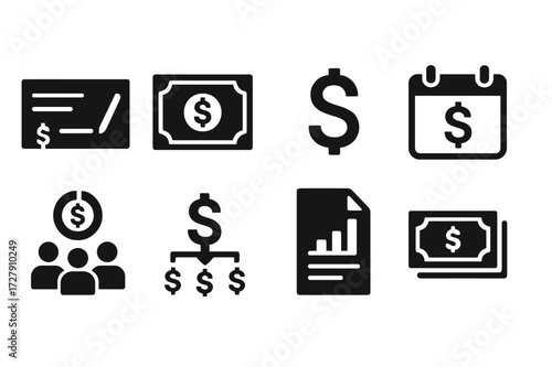 Dividend Icon Set. Solid, filled icon set of dividend basics: dividend check, stock certificate, dollar sign, payout calendar, shareholder meeting, profit
