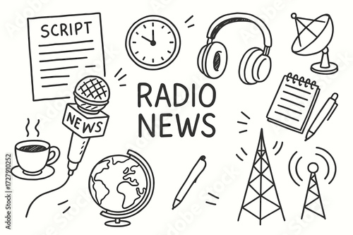 Radio Broadcast Essentials. Hand-drawn doodle illustration Radio news broadcast microphone, paper script, clock, headphones, notepad, pen, coffee cup, world