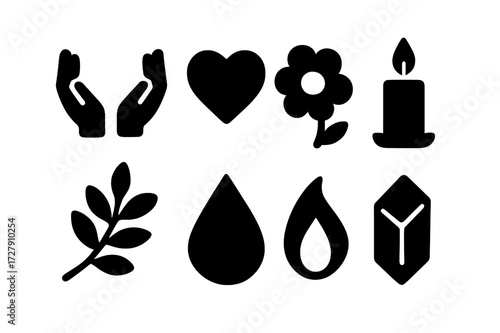 Healing Ritual Icons. Solid, filled icon set of healing ritual: hands, heart, flower, candle, herb, water drop, flame, crystal. [Line icons in only black