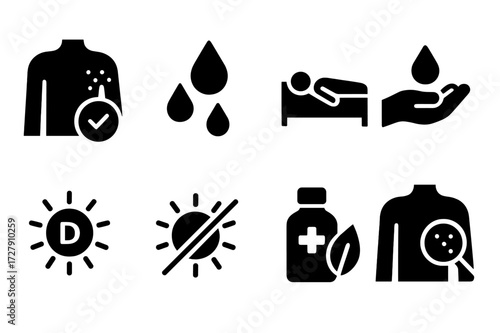 Sunburn Recovery Icons. Solid, filled icon set of sunburn recovery: skin healing, hydration, rest, gentle skin care, vitamin D, avoiding sun, soothing gel,