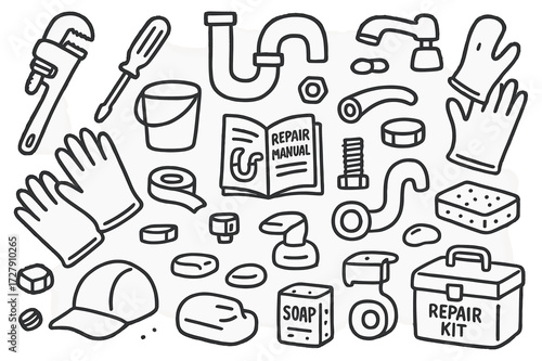 DIY Sink Repair Kit. Hand-drawn doodle illustration DIY sink trap repair wrench, screwdriver, P-trap pipe, faucet, gloves, bucket, repair manual, nut, bolt,
