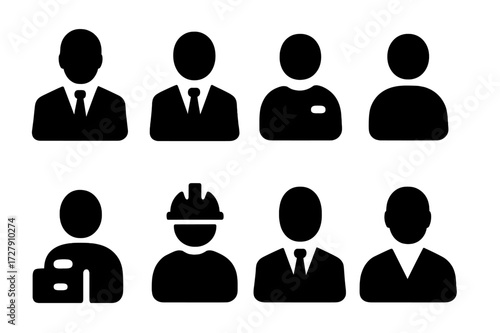 Corporate Hierarchy Icons. Solid, filled icon set of hierarchy levels: CEO, manager, team lead, employee, intern, consultant, contractor, board member. Solid,