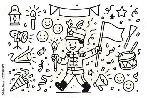 Night Parade Icons. Hand-drawn doodle illustration Night parade leader [lantern, spotlight, glow stick, baton, flag, drum, trumpet, star, confetti, banner,
