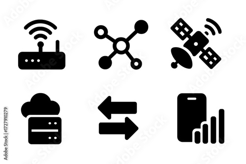Network Icon Grid. Solid, filled icon set of communication networks: wifi router, network nodes, satellite, cloud server, signal tower, data transfer, ethernet