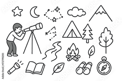Stargazing Doodle Icons. Hand-drawn doodle illustration stargazing in nature telescope, star, moon, mountain, tree, river, tent, flashlight,