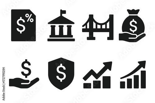 Economic Stimulus Icons. Solid, filled icon set of economic stimulus: tax relief, government spending, infrastructure fund, bailout package, financial aid,