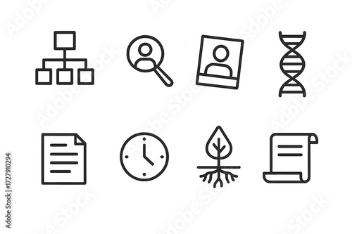 Genealogy Icon Set. Outline icon set of genealogy: family tree, magnifying glass, old photo, DNA strand, document, clock, tree roots, scroll. Line icons in