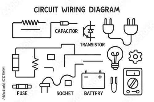 Circuit Diagram Doodles. Hand-drawn doodle illustration Circuit wiring diagram resistor, capacitor, wire, transistor, plug, socket, switch, battery, light
