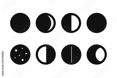 Moon Phases Icons. Solid, filled icon set of moon phases: new moon, waxing crescent, first quarter, waxing gibbous, full moon, waning gibbous, last quarter,