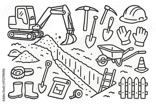 Trench Digging Icons. Hand-drawn doodle illustration trench digging with backhoe backhoe, bucket, trench, dirt pile, shovel, pickaxe, safety helmet, gloves,