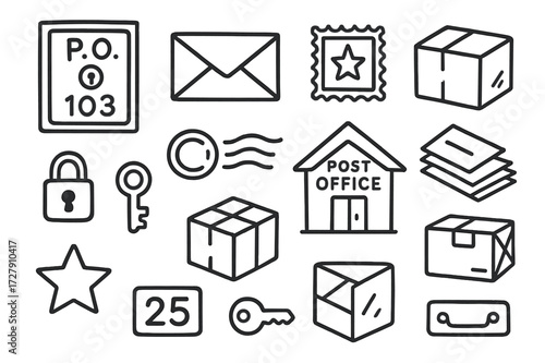Mailroom Doodle Icons. Hand-drawn doodle illustration PO box door mailbox door, keyhole, small lock, envelope, letter, stamp, package, postmark, post office