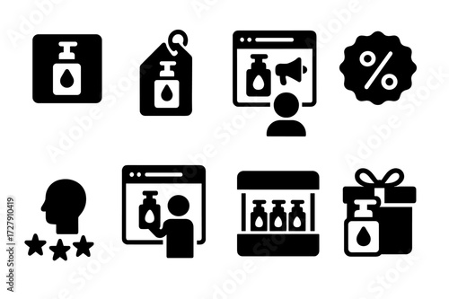 Lotion Marketing Icons. Solid, filled icon set of lotion marketing: product label, price tag, social media ad, discount badge, customer review, influencer