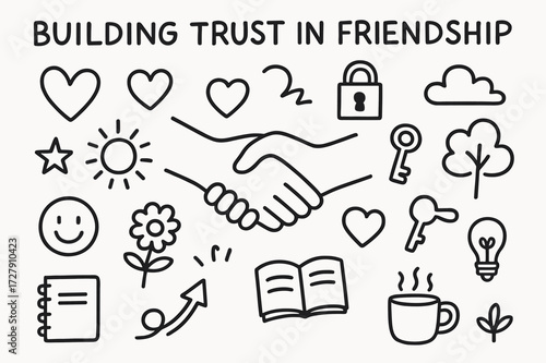 Trust in Friendship Symbols. Hand-drawn doodle illustration Building trust in friendship [two hands shaking, heart, lock, key, smiley face, star, sun, book,