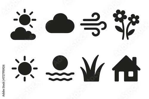 Nature Comfort Icons. Solid, filled icon set of comfort nature: sunny sky, soft clouds, gentle breeze, blooming flowers, warm sun, calm lake, green grass, cozy