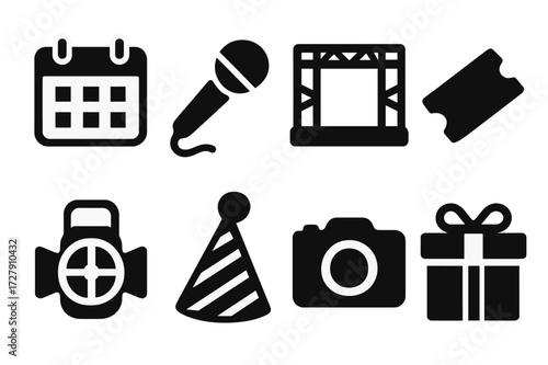 Event Icons Set. Solid, filled icon set of event agency: calendar, microphone, stage, ticket, spotlight, party hat, camera, gift box. [Line icons in only black