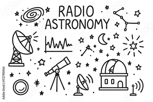 Radio Astronomy Doodles. Hand-drawn doodle illustration [radio astronomy] [radio telescope, satellite dish, galaxy swirl, constellation, data waveform,
