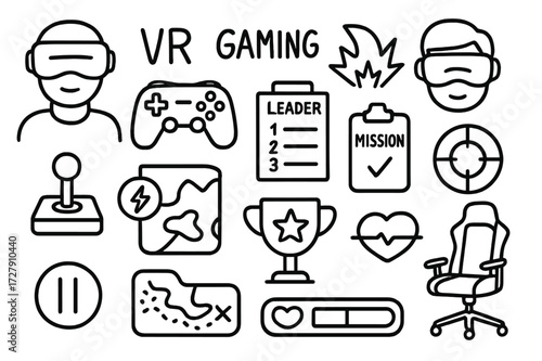 VR Gaming Icons. Hand-drawn doodle illustration [Immersive VR gaming] [gaming headset, avatar, controller, gamepad, explosion icon, joystick, leaderboard,