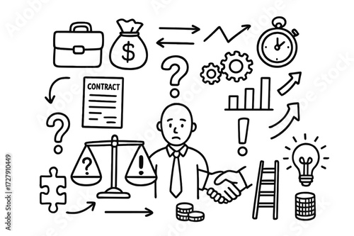Entrepreneur Decisions Doodles. Hand-drawn doodle illustration Entrepreneur decision making scale, question mark, exclamation mark, briefcase, money bag,