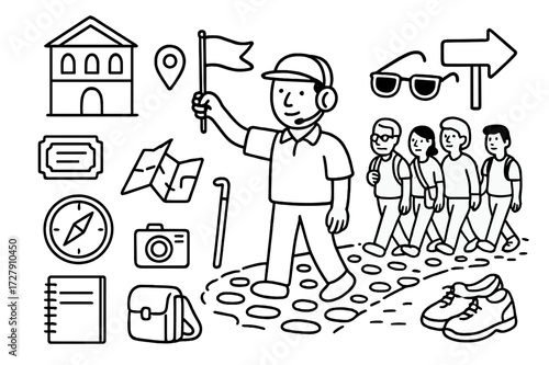 Historical Tour Doodle. Hand-drawn doodle illustration Historical walking tour group of tourists, guide flag, headset, cobblestone path, heritage building,