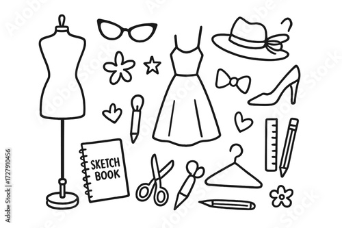 Fashion Doodle Icons. Hand-drawn doodle illustration Fashion sketchbook [mannequin, dress doodle, high heel, glasses, hat, bow, star, heart, pen, pencil,