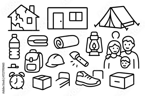 Earthquake Shelter Essentials. Hand-drawn doodle illustration Shelter after earthquake broken house, modular unit, tent, water bottle, blanket, first aid kit,