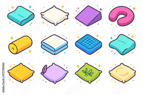 Colorful Pillow Icons. Colorful isometric vector icons set of different pillow types: contour memory foam, classic cotton pillow, orthopedic wedge, U-shaped