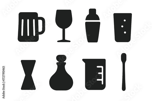 Barware Icon Set. Solid, filled icon set of barware and glassware: beer mug, wine glass, cocktail shaker, highball glass, jigger, decanter, mixing glass, bar