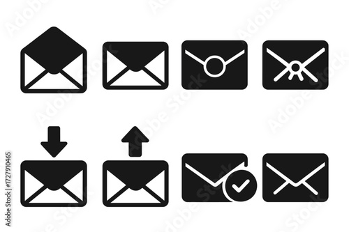 Envelope Icon Set. Solid, filled icon set of envelope actions: envelope with open flap, envelope with closed flap, envelope with sealed wax, envelope with