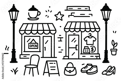 Street Shop Doodles. Hand-drawn doodle illustration Street lamps near shops [lamp post, storefront, window, awning, open sign, chair, coffee cup, sandwich