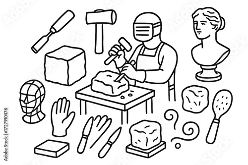 Sculptor's Tools Doodle. Hand-drawn doodle illustration sculptor chisel, hammer, statue, stone block, bust, hand, gloves, table, wireframe, mask, clay, carving