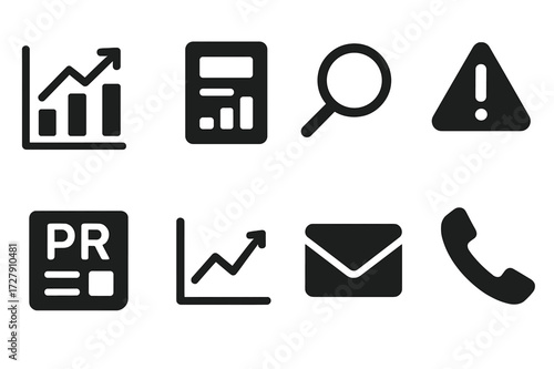 PR Monitoring Icons. Solid, filled icon set of PR monitoring: analytics, report, magnifying glass, alert, newspaper, graph, email, phone. [Line icons in only