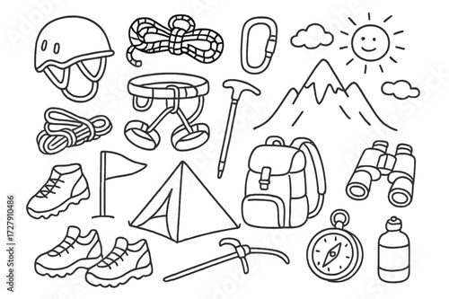 Mountain Climbing Gear Icons. Hand-drawn doodle illustration [mountain climbing gear] [helmet, climbing rope, carabiner, harness, backpack, walking stick,
