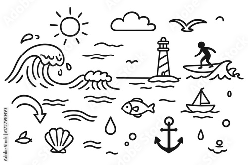 Ocean Doodle Icons. Hand-drawn doodle illustration Ocean Waves [wave crest, ripple lines, foam splash, tide arrow, surfer silhouette, shell, fish, sun, cloud,