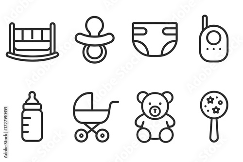 Parenting Symbols Collection. Outline icon set of parenting: baby cradle, pacifier, diaper, baby monitor, feeding bottle, stroller, teddy bear, rattle. Line
