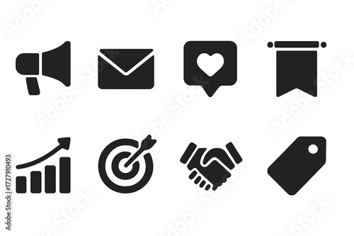 Marketing Icon Set. Solid, filled icon set of marketing offers: megaphone, email, social media, banner, chart, target, handshake, sale tag. Solid, filled icons