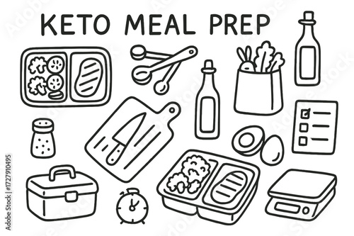 Keto Meal Prep Doodle. Hand-drawn doodle illustration [keto meal prep] [meal container, chopped vegetables, grilled meat, measuring spoons, oil bottle, grocery
