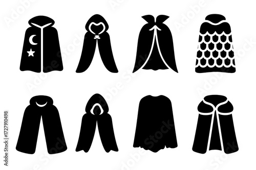 Fantasy Cape Icons. Solid, filled icon set of fantasy capes: wizard?s cape, elven cloak, vampire cape, dragon scale cape, enchanted mantle, stealth cape,