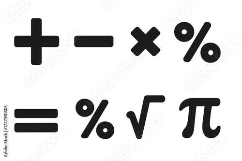 Math Symbols Icons. Solid, filled icon set of calculator math symbols: plus, minus, multiply, divide, equals, percentage, square root, pi symbol. [Solid,