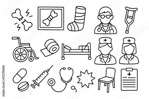 Medical Doodles Collection. Hand-drawn doodle illustration bone fracture broken bone, x-ray, cast, crutch, wheelchair, bandage, hospital bed, doctor, nurse,