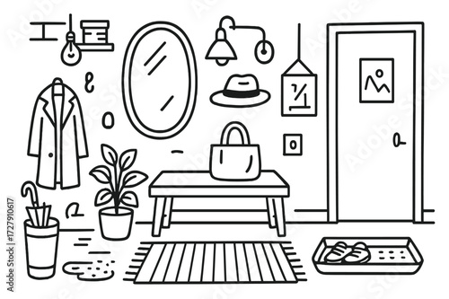 Hallway Essentials Doodle. Hand-drawn doodle illustration [Hallway mirror and lighting setup] [mirror, wall hook, wall lamp, hallway rug, coat hanger, bench,