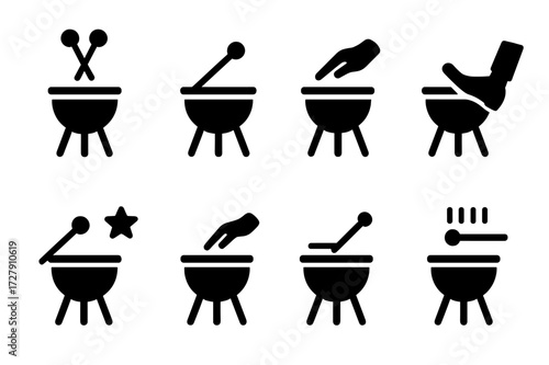 Timpani Techniques Icons. Solid, filled icon set of timpani playing techniques: roll, single stroke, dampening, pedal glissando, accent, muted hit, rim shot,