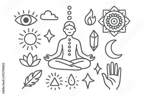 Meditative Doodle Icons. Hand-drawn doodle illustration [Meditation and insight] [eye, meditation pose, lotus, chakra, mandala, cloud, flame, crystal, feather,