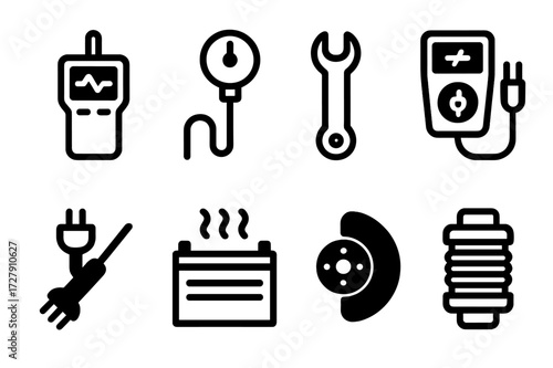 EV Maintenance Tools Icons. Solid, filled icon set of EV maintenance tools: diagnostic scanner, tire pressure gauge, wrench, battery tester, charging port