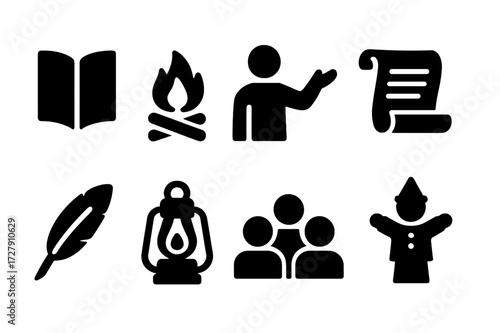 Folk Storytelling Icons. Solid, filled icon set of folk storytelling: book, campfire, storyteller, scroll, feather quill, lantern, audience, puppet. Solid,