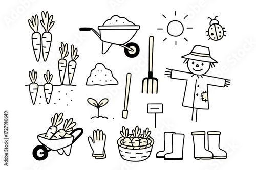 Garden Harvest Icons. Hand-drawn doodle illustration Carrot harvest [carrot bunch, wheelbarrow, rake, root vegetables, garden bed, dirt mound, pitchfork,