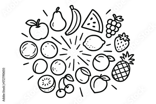 Fruits Mid-Air Collision. Hand-drawn doodle illustration objects colliding in mid-air Apple, Orange, Banana, Pear, Watermelon slice, Strawberry, Grapes, Lemon,
