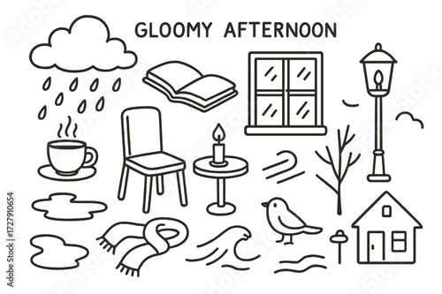 Rainy Day Doodles. Hand-drawn doodle illustration Gloomy afternoon [clouds, window, cup, book, chair, table, candle, raindrops, puddle, scarf, tree, bird,