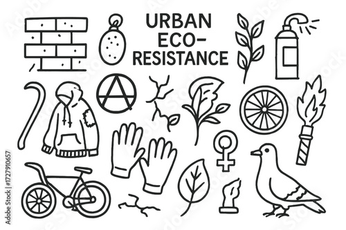 Urban Eco-Resistance Icons. Hand-drawn doodle illustration [Urban eco-resistance] [brick wall, seed bomb, circle-A, crack, vine, spray can, crowbar, gloves,