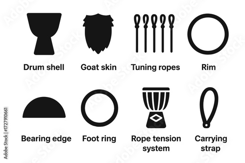Djembe Parts Icons. Solid, filled icon set of djembe parts: drum shell, goat skin head, tuning ropes, rim, bearing edge, foot ring, rope tension system,